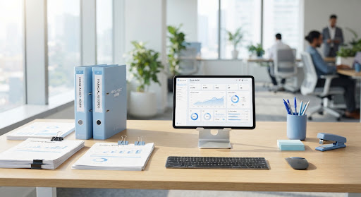 Bureau moderne et lumineux avec dossiers administratifs classés, tablette d'analyse financière et papeterie soignée